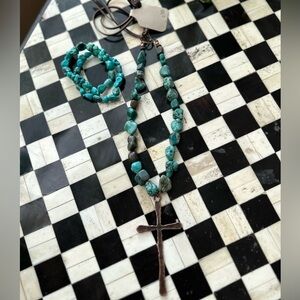 Turquoise Necklace Cross Bracelet Bronze Leather Boho Western